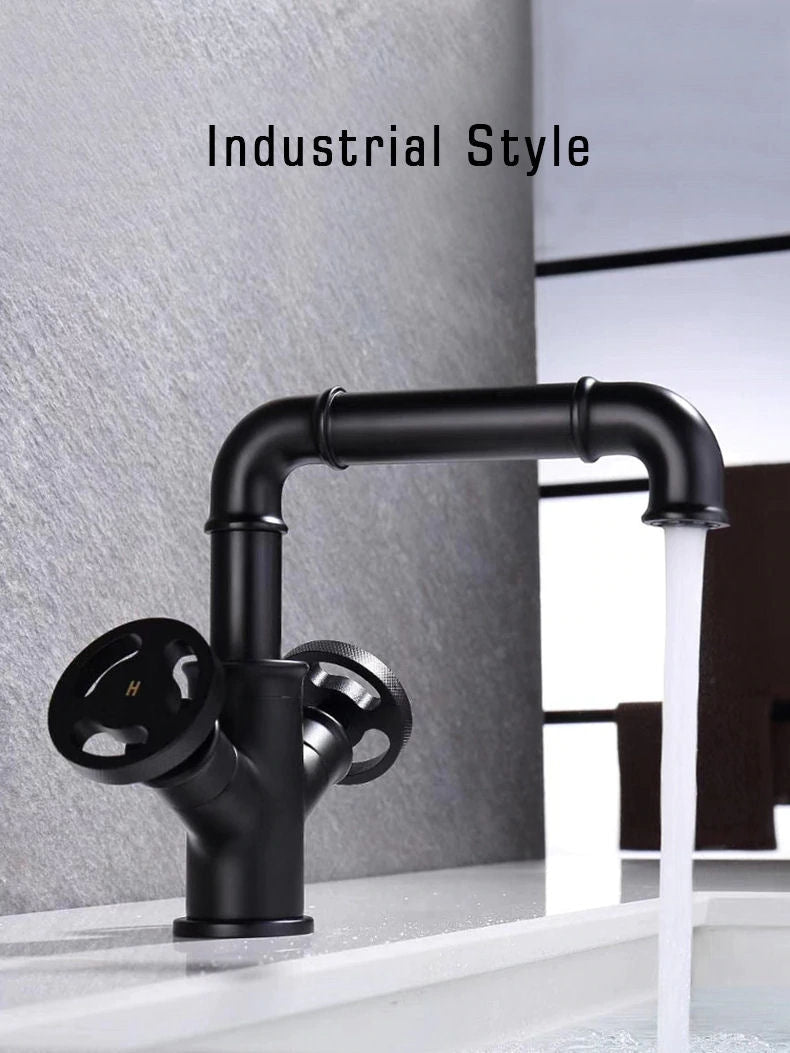 Černá matná kohoutková umyvadlová baterie v industriálním stylu s ventilovými koly Waterfall Bathrooms