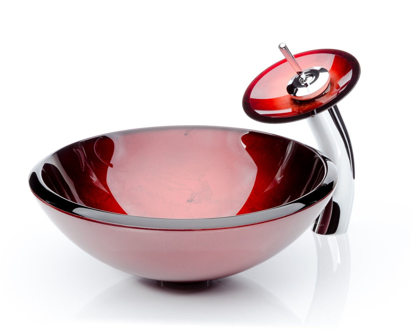 Luxusní kulaté červené umyvadlo na desku z masivního skla se zalitými metalickými plátky kovu a hlubokými odlesky Waterfall Bathrooms