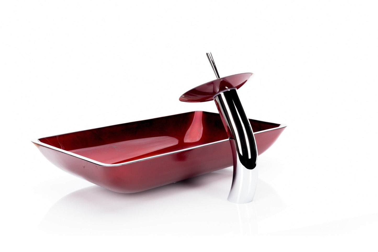 Červené obdélníkové skleněné umyvadlo Bordeaux s vodopádovou baterií a kovovými plátky Waterfall Bathrooms