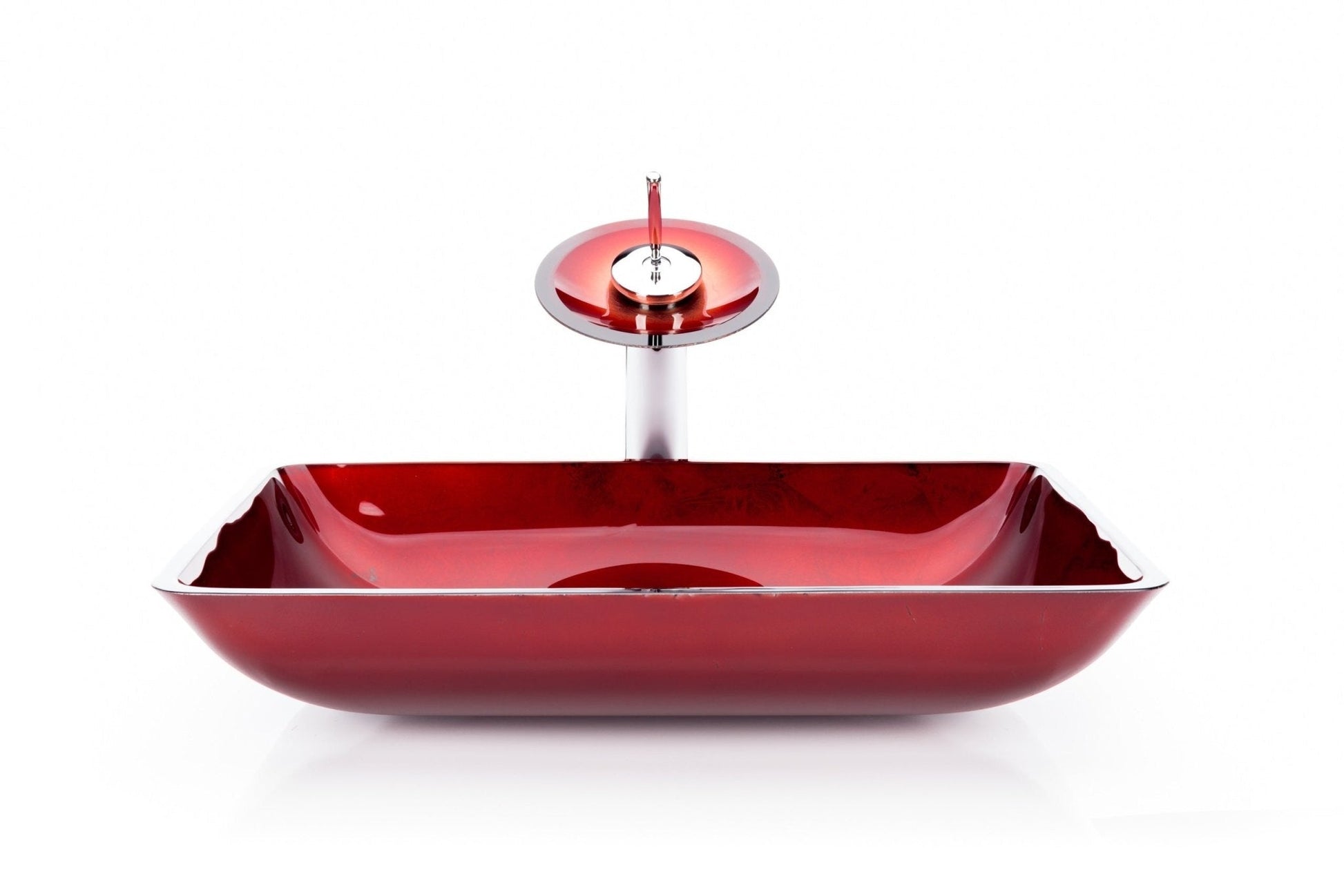 Červené obdélníkové skleněné umyvadlo Bordeaux s vodopádovou baterií a kovovými plátky Waterfall Bathrooms