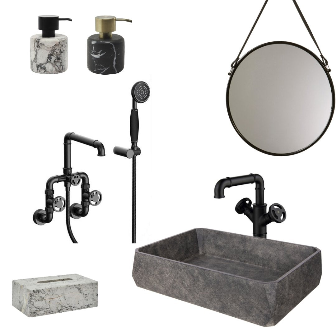 Designová černá matná vanová baterie v industriálním stylu s konstrukcí potrubí a ventilovými koly Waterfall Bathrooms