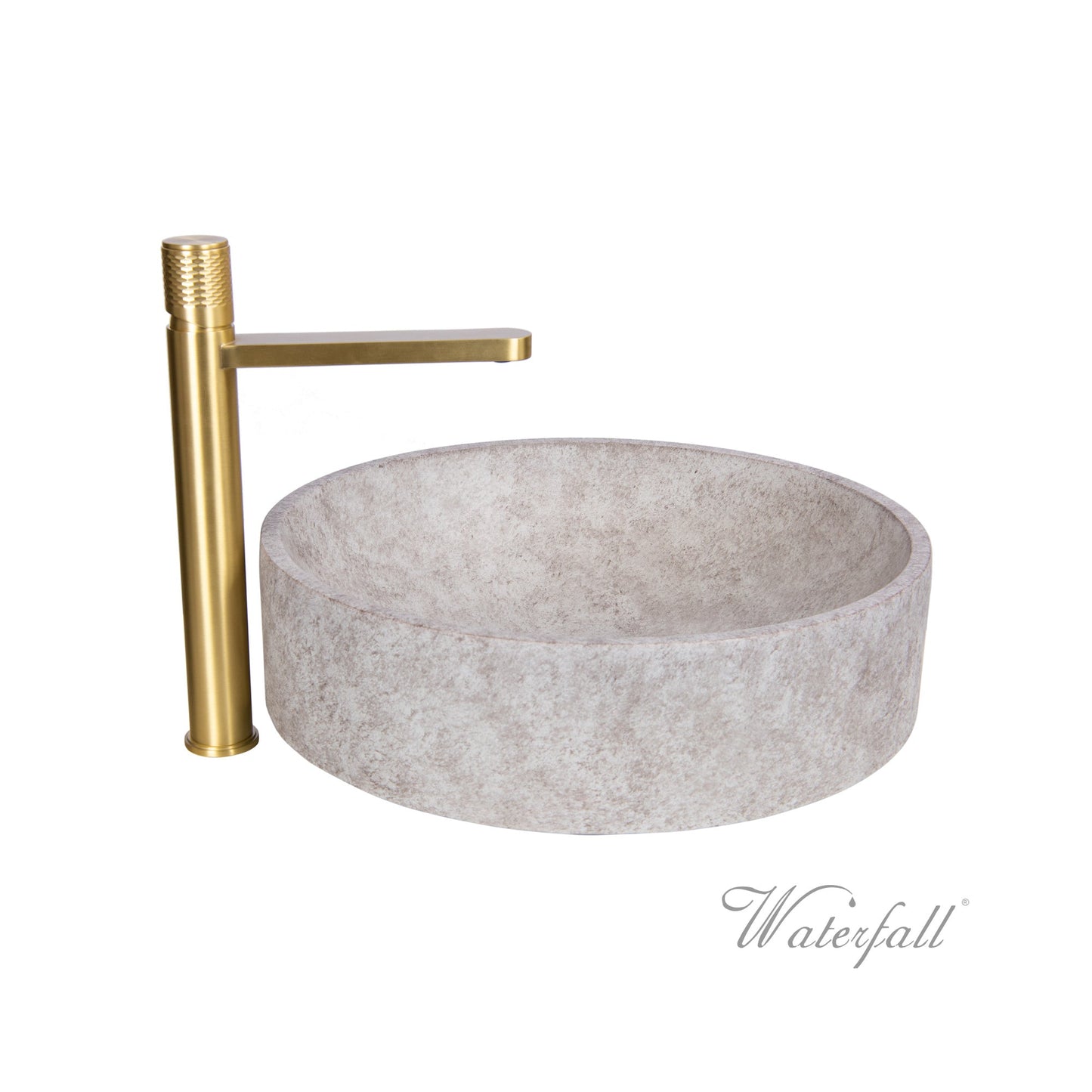 Luxusní koupelnový set betonového umyvadla v přírodním tónu a vysoké designové baterie Opera Satin Gold.