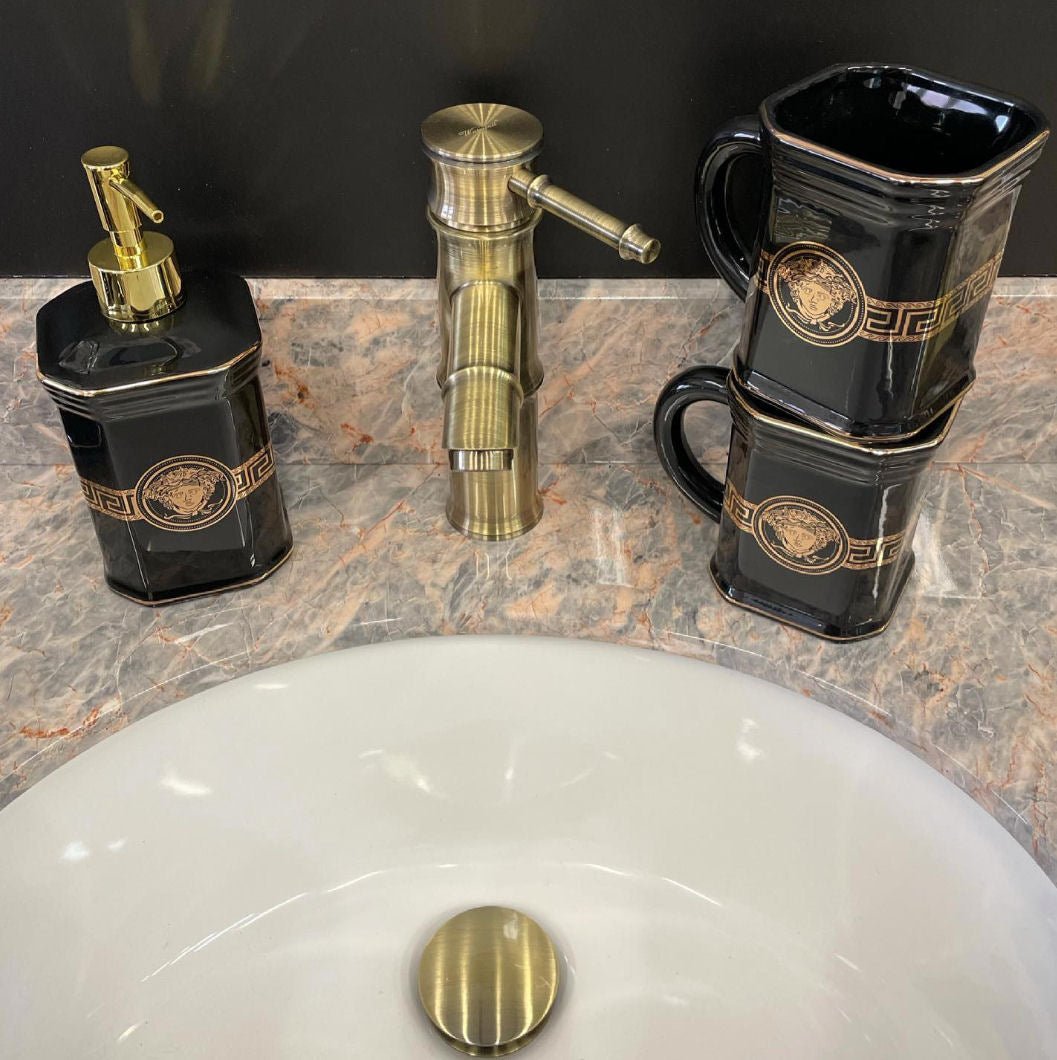 Retro mosazný držák na kartáčky se skleněným kelímkem Bamboo v bronzovém provedení s patinou Waterfall Bathrooms