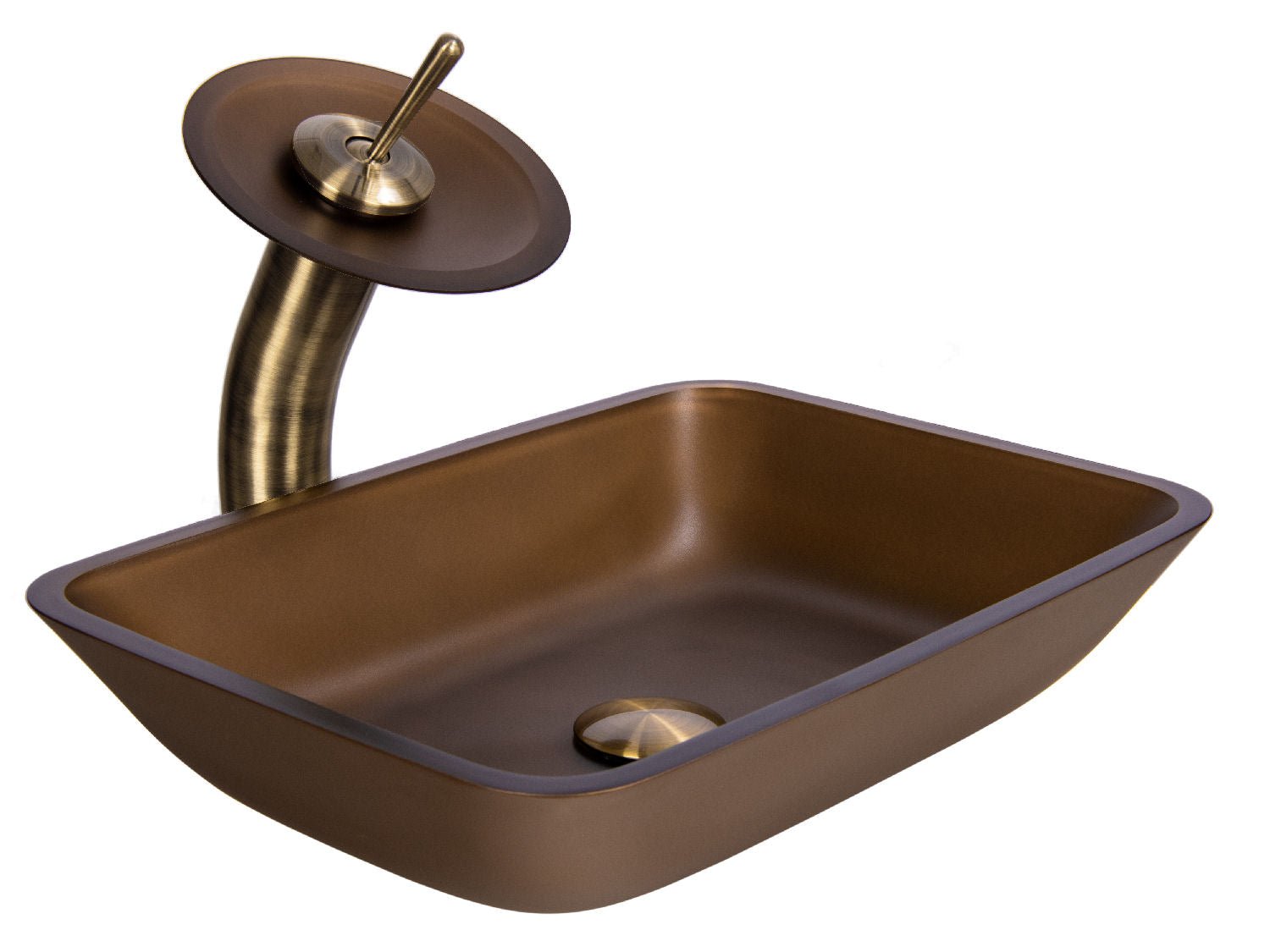 Hnědé skleněné umyvadlo na desku s perleťovým nádechem a vodopádovou baterií Waterfall Bathrooms