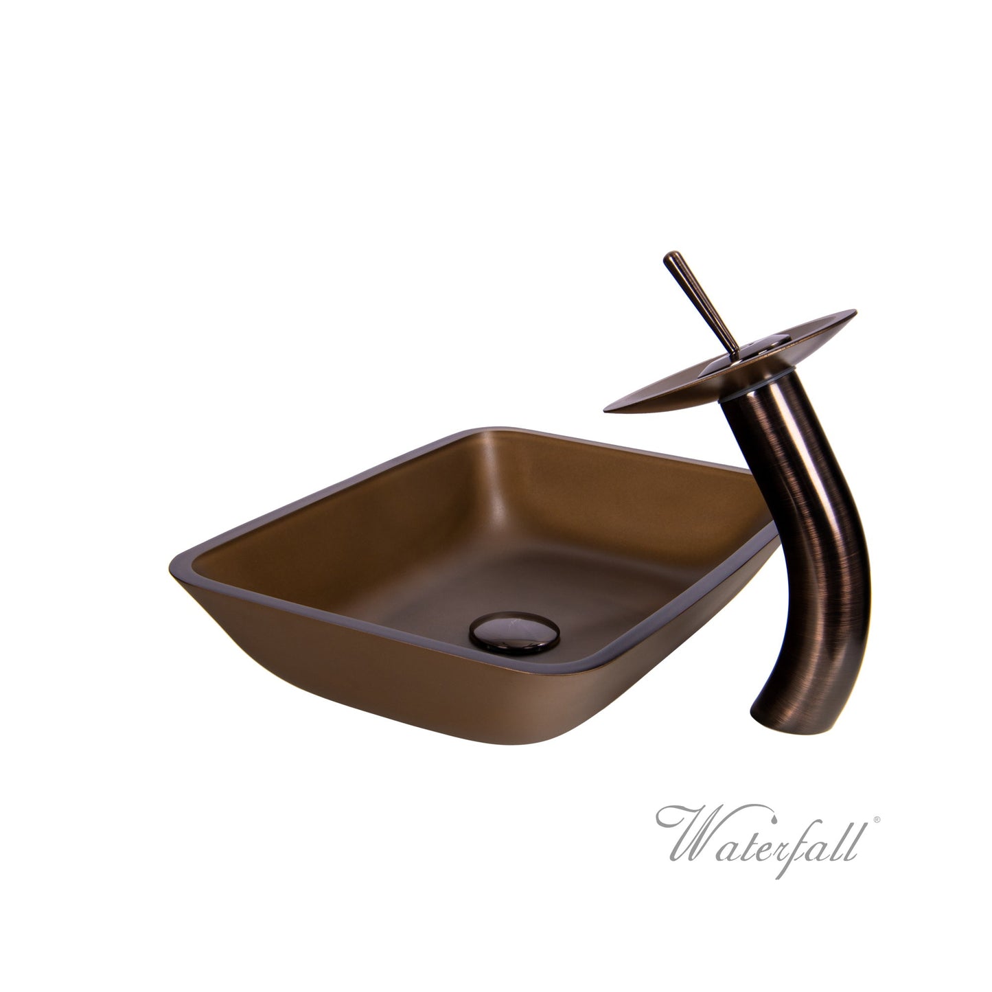 Hnědé skleněné umyvadlo na desku s perleťovým nádechem a vodopádovou baterií Waterfall Bathrooms