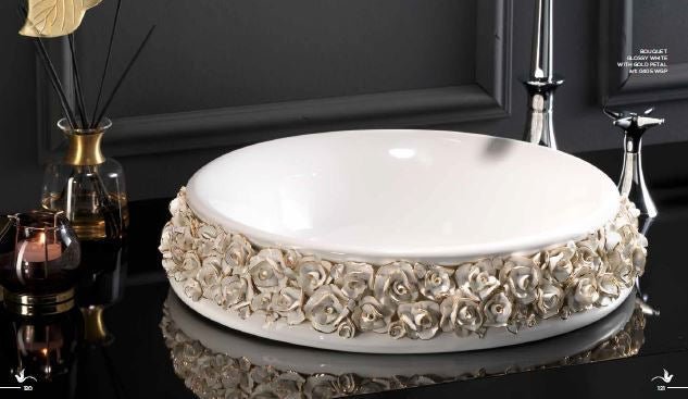 Luxury Hand painted Porcelain Bouquet Bathroom Sink by Terzofoco - |VESIMI Design| Luxury and Rustic bathrooms online