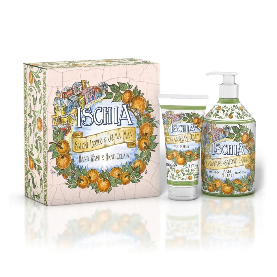 Luxusní dárková sada Ischia Rudy Profumi v elegantním balení s barevným citrusovým motivem nabízí prémiovou italskou kosmetiku. - Waterfall Bathrooms