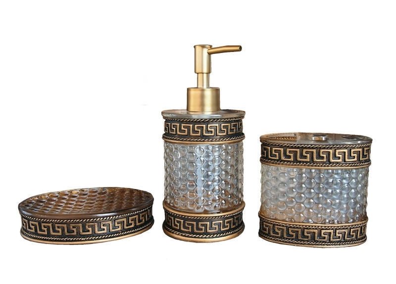 Luxusní koupelnový set v bronzových a zlatých odstínech ze strukturovaného skla s antickým motivem - Waterfall Bathrooms