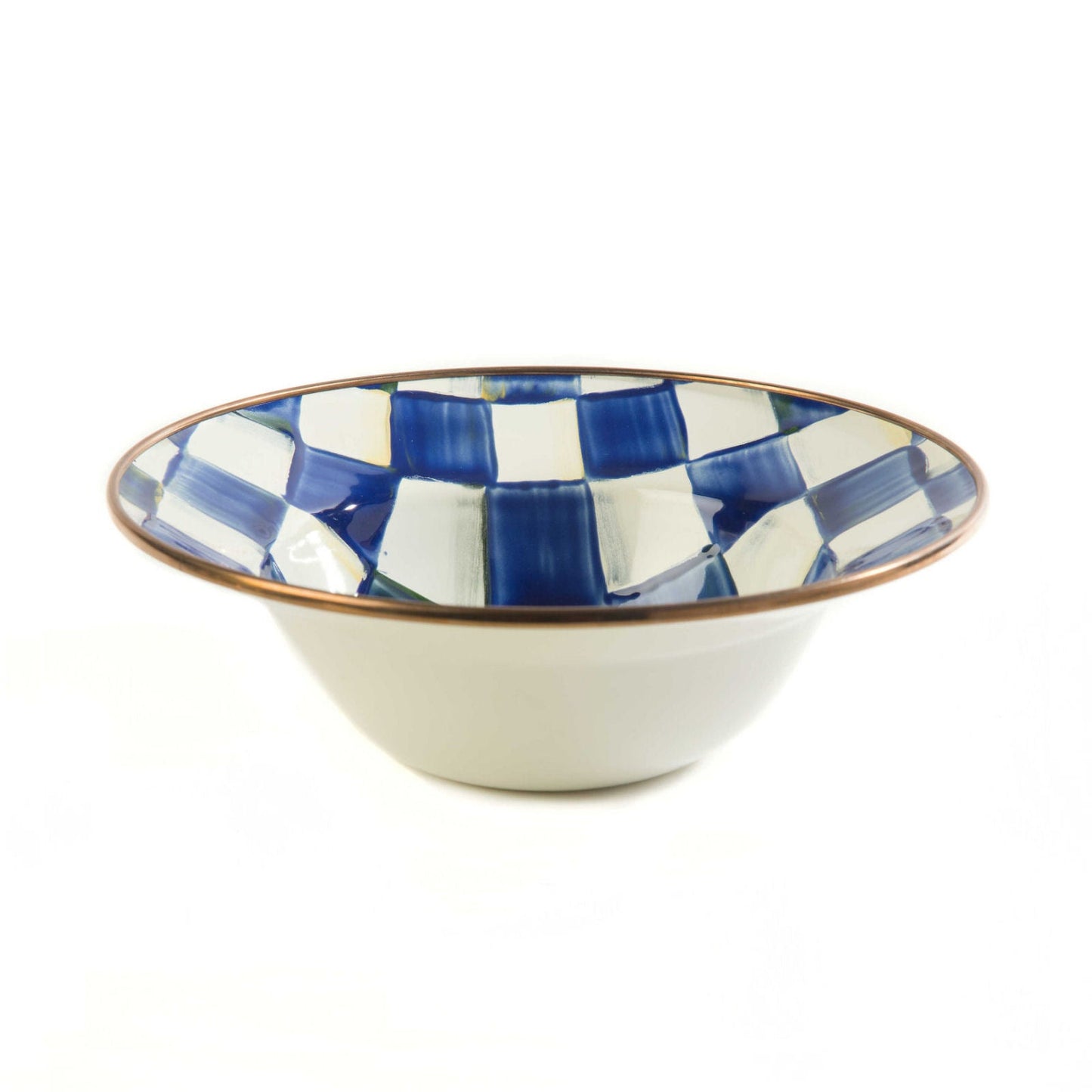 Luxusní snídaňová miska Royal Check Blue od MacKenzie-Childs, smalt, modré šachovnice, bronzový okraj, Waterfall Bathrooms.
