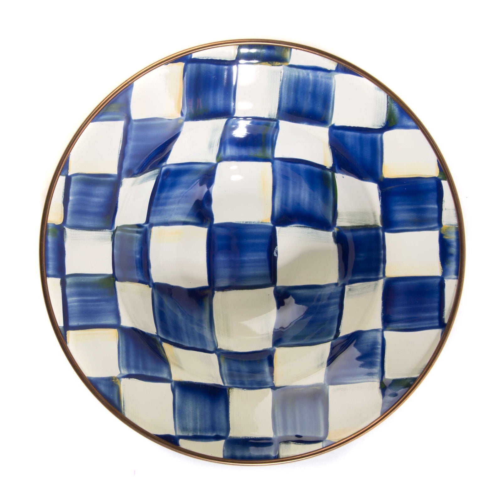 Luxusní snídaňová miska Royal Check Blue od MacKenzie-Childs, smalt, modré šachovnice, bronzový okraj, Waterfall Bathrooms.
