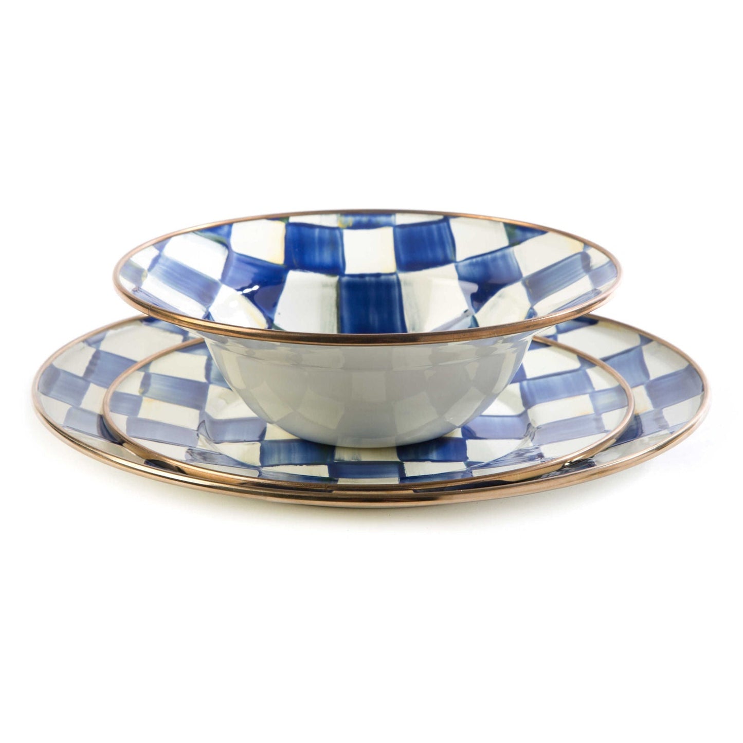 Luxusní snídaňová miska Royal Check Blue od MacKenzie-Childs, smalt, modré šachovnice, bronzový okraj, Waterfall Bathrooms.
