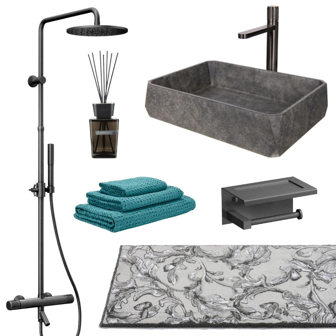 Luxusní termostatický sprchový systém v barvě Gun Metal s hlavovou a ruční sprchou Waterfall Bathrooms