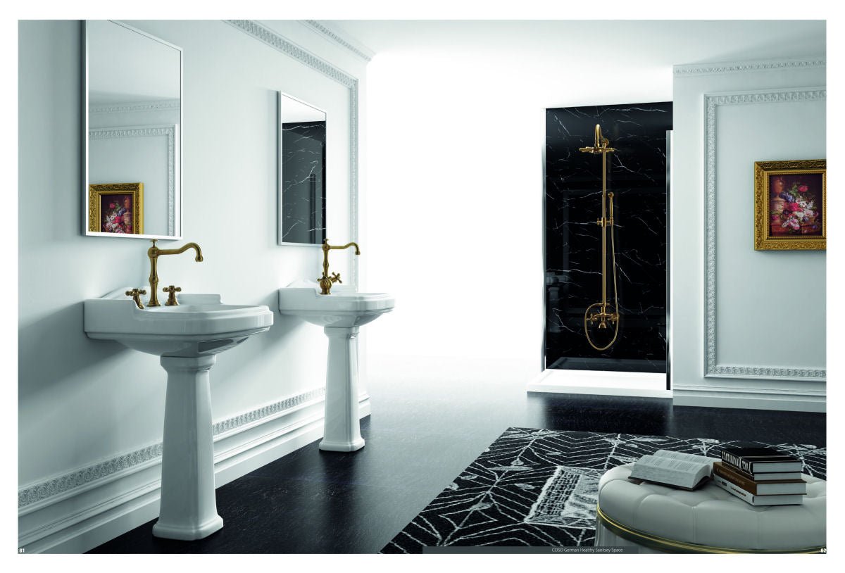 Luxusní nástěnný sprchový set v matném saténovém zlatě s celomosaznou ruční sprchou Waterfall Bathrooms