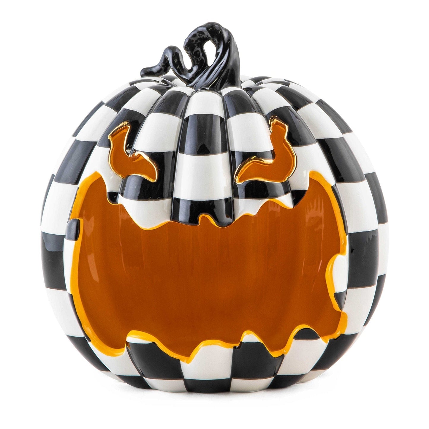 Miska na cukroví Jack O'Lantern od MacKenzie-Childs, keramika, černo-bílé šachovnice, zlatý lesk kolem očí, Waterfall Bathrooms.
