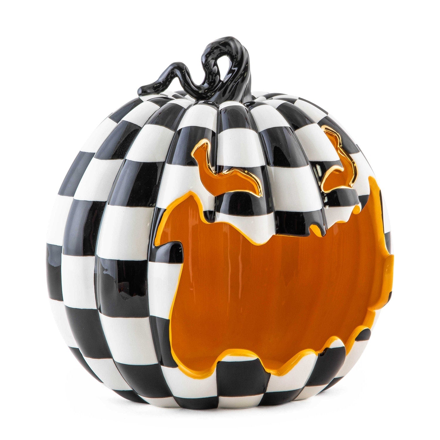 Miska na cukroví Jack O'Lantern od MacKenzie-Childs, keramika, černo-bílé šachovnice, zlatý lesk kolem očí, Waterfall Bathrooms.
