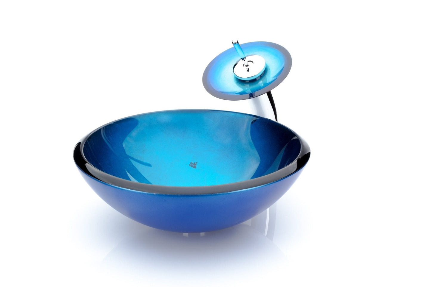 Masivní kulaté modré skleněné umyvadlo na desku s vodopádovou baterií Waterfall Bathrooms