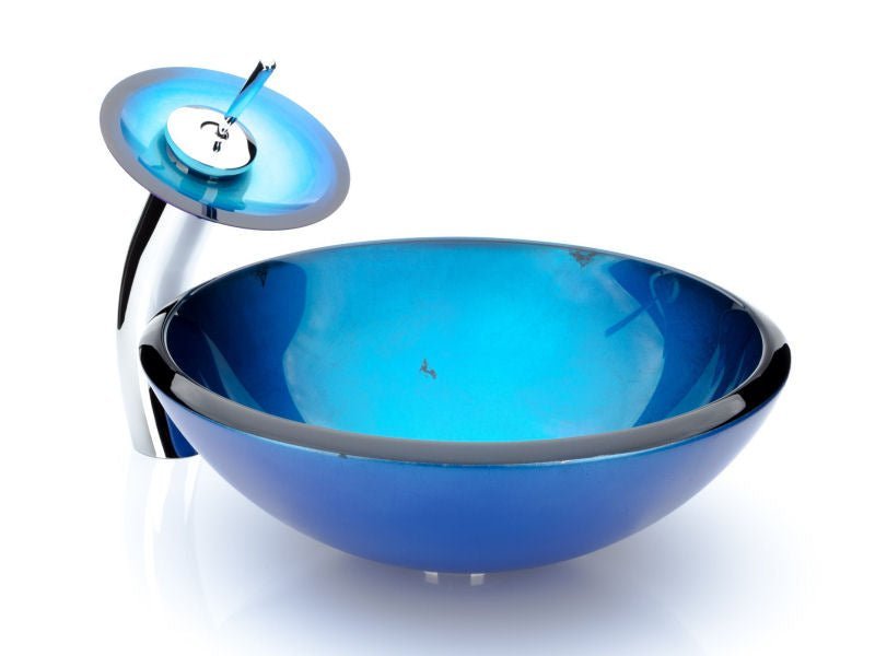 Masivní kulaté modré skleněné umyvadlo na desku s vodopádovou baterií Waterfall Bathrooms