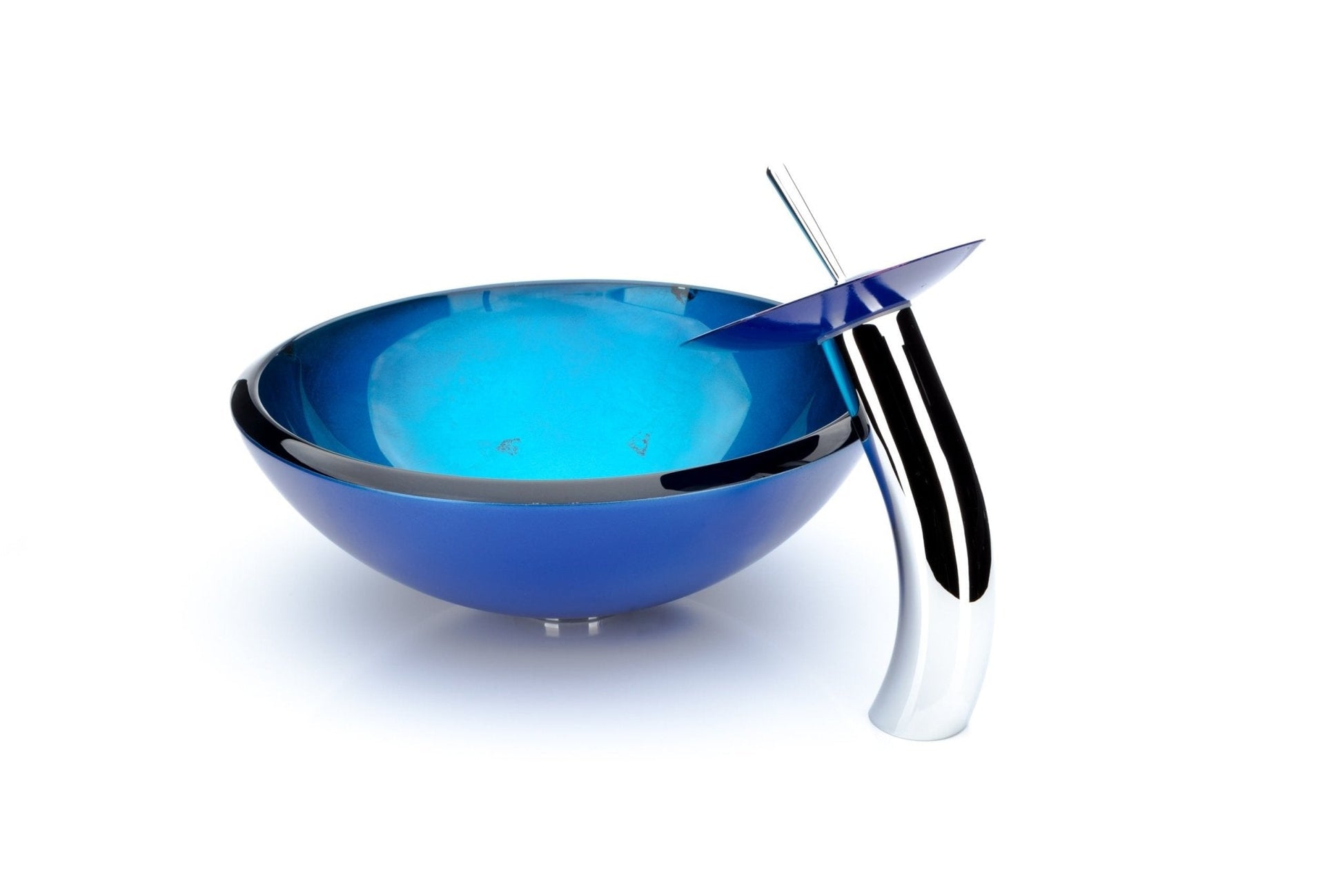 Masivní kulaté modré skleněné umyvadlo na desku s vodopádovou baterií Waterfall Bathrooms