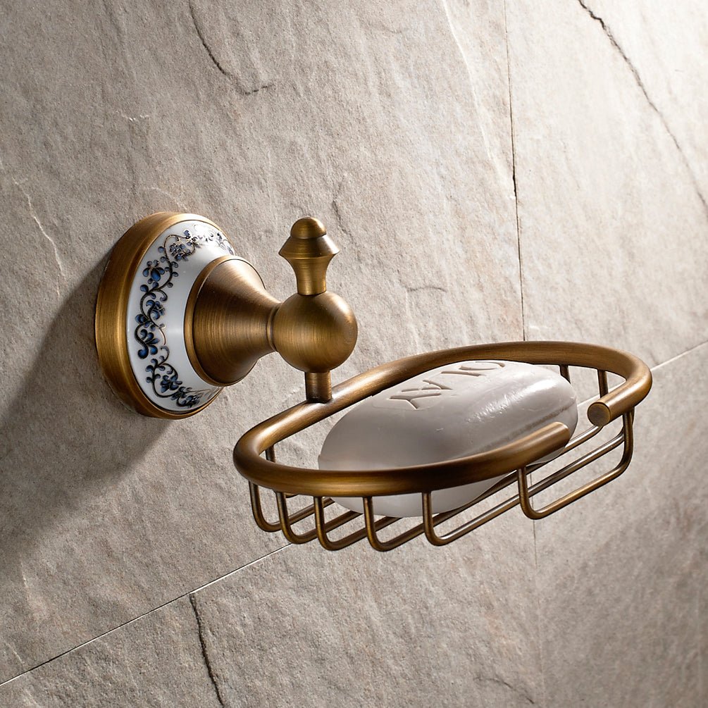 Rustikální nástěnný držák na mýdlo s keramickou miskou v barvě antický bronz Lavande Waterfall Bathrooms