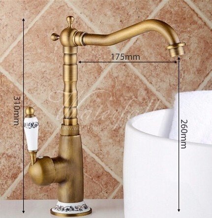 Vysoká páková dřezová baterie Lavande v rustikálním stylu, barva antický bronz s keramickým dekorem Waterfall Bathrooms