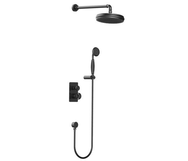 Černý matný podomítkový sprchový set v industriálním stylu s ventilovými koly a hlavovou sprchou Waterfall Bathrooms