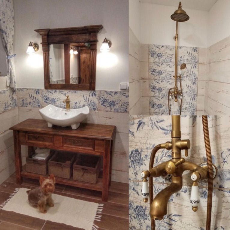 Retro antická páková umyvadlová baterie Lavande s keramickým dekorem v barvě antický bronz Waterfall Bathrooms