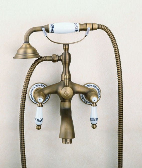 Retro kohoutková vanová baterie Lavande v provedení antický bronz s keramickými prvky a dekorem levandule Waterfall Bathrooms