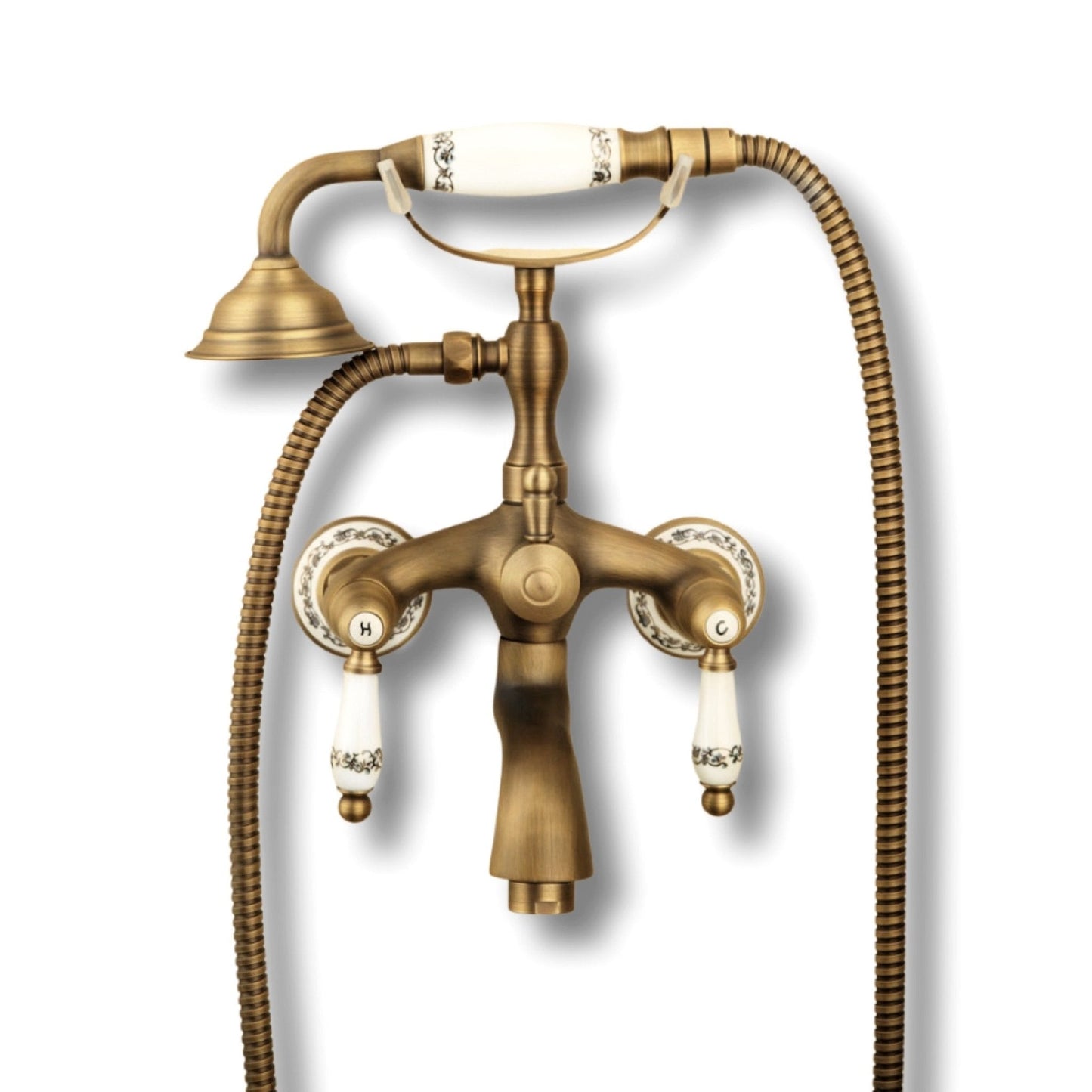 Retro kohoutková vanová baterie Lavande v provedení antický bronz s keramickými prvky a dekorem levandule Waterfall Bathrooms