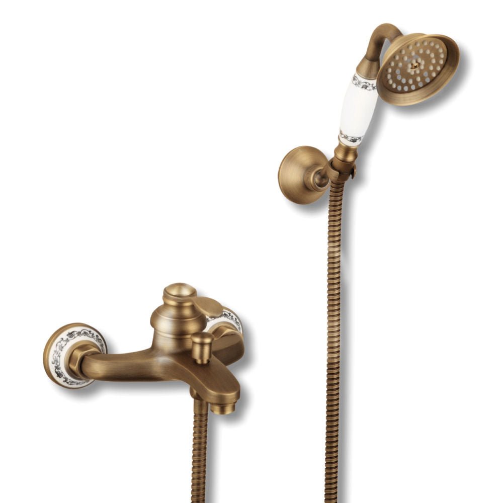 Nástěnná retro páková vanová baterie Lavande se sprchovým setem a keramickým dekorem v barvě antický bronz Waterfall Bathrooms