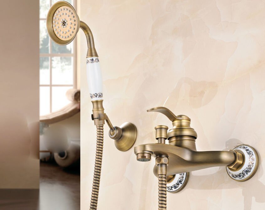 Nástěnná retro páková vanová baterie Lavande se sprchovým setem a keramickým dekorem v barvě antický bronz Waterfall Bathrooms