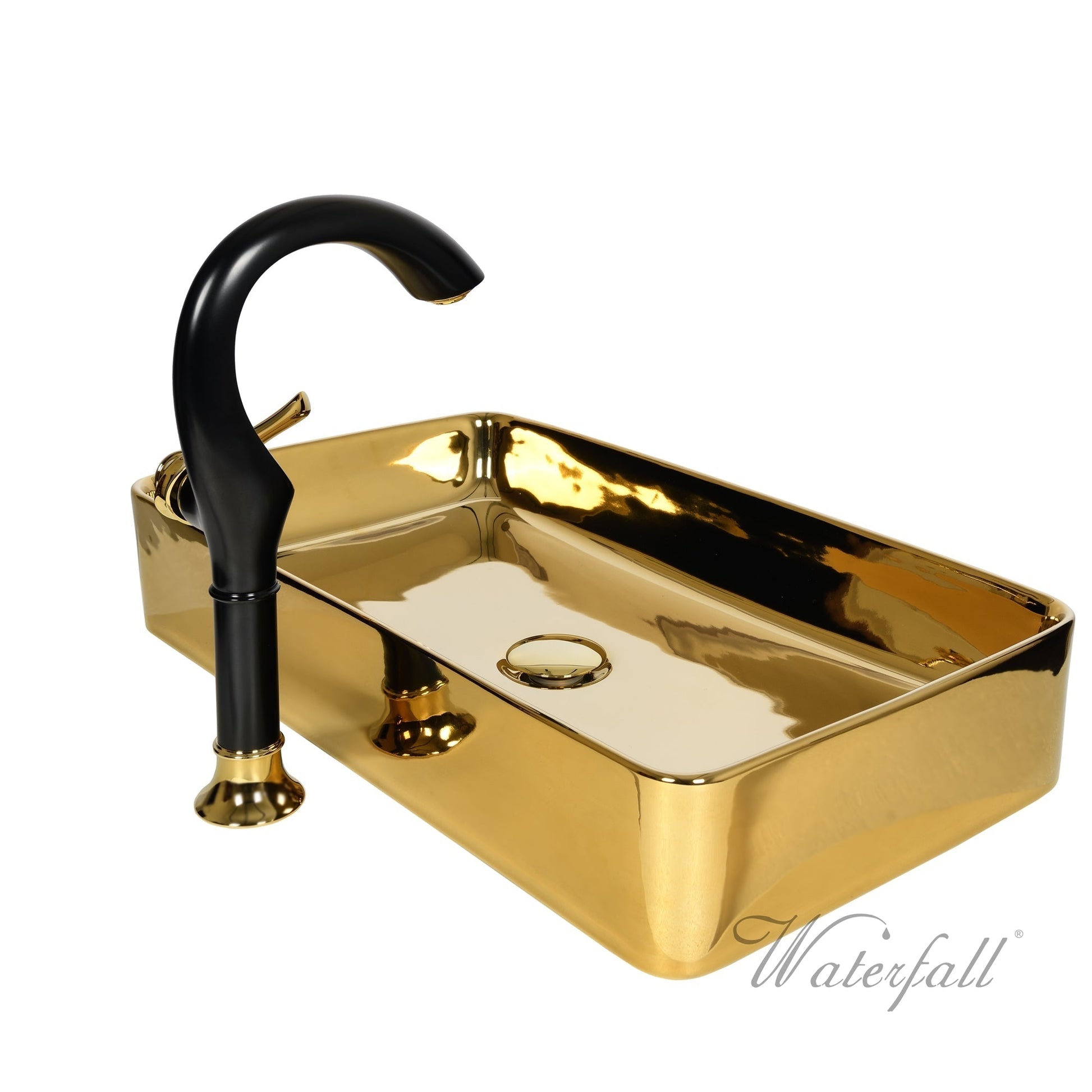 Luxusní set zlatého keramického umyvadla na desku a vysoké baterie Cairo v provedení leštěná mosaz Waterfall Bathrooms