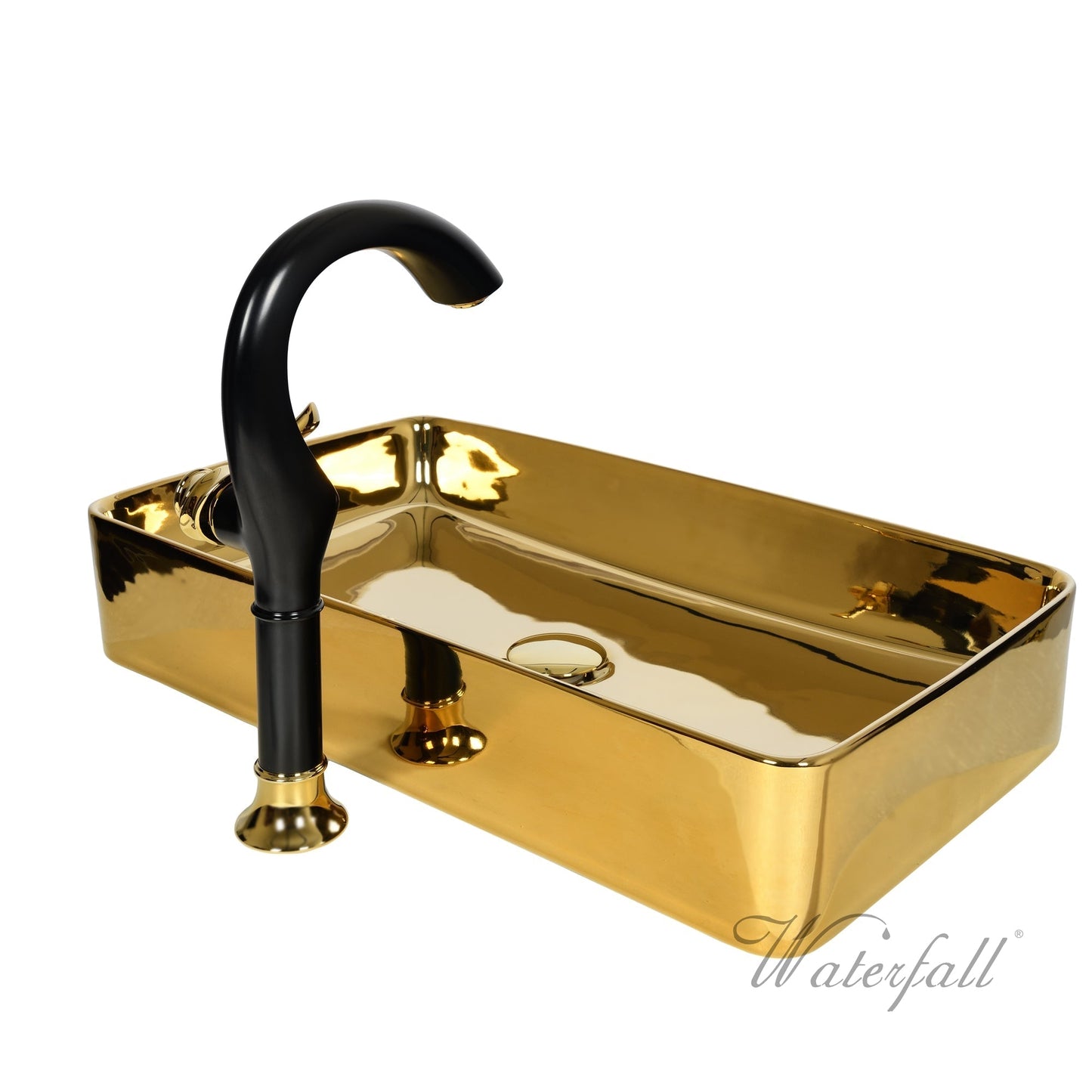 Luxusní set zlatého keramického umyvadla na desku a vysoké baterie Cairo v provedení leštěná mosaz Waterfall Bathrooms