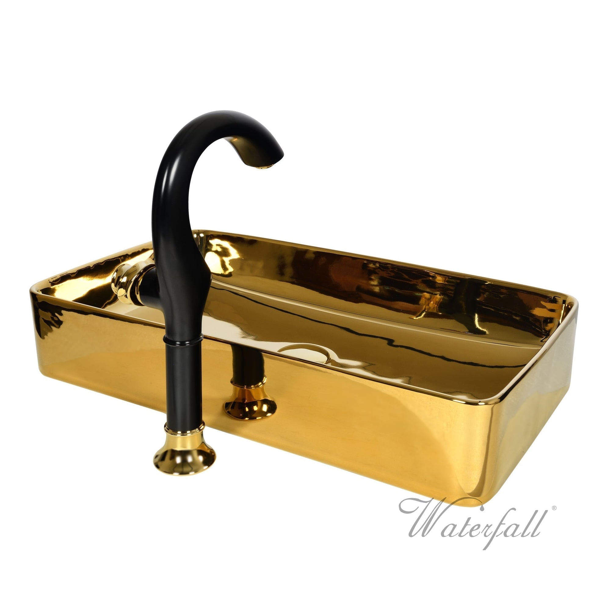 Luxusní set zlatého keramického umyvadla na desku a vysoké baterie Cairo v provedení leštěná mosaz Waterfall Bathrooms
