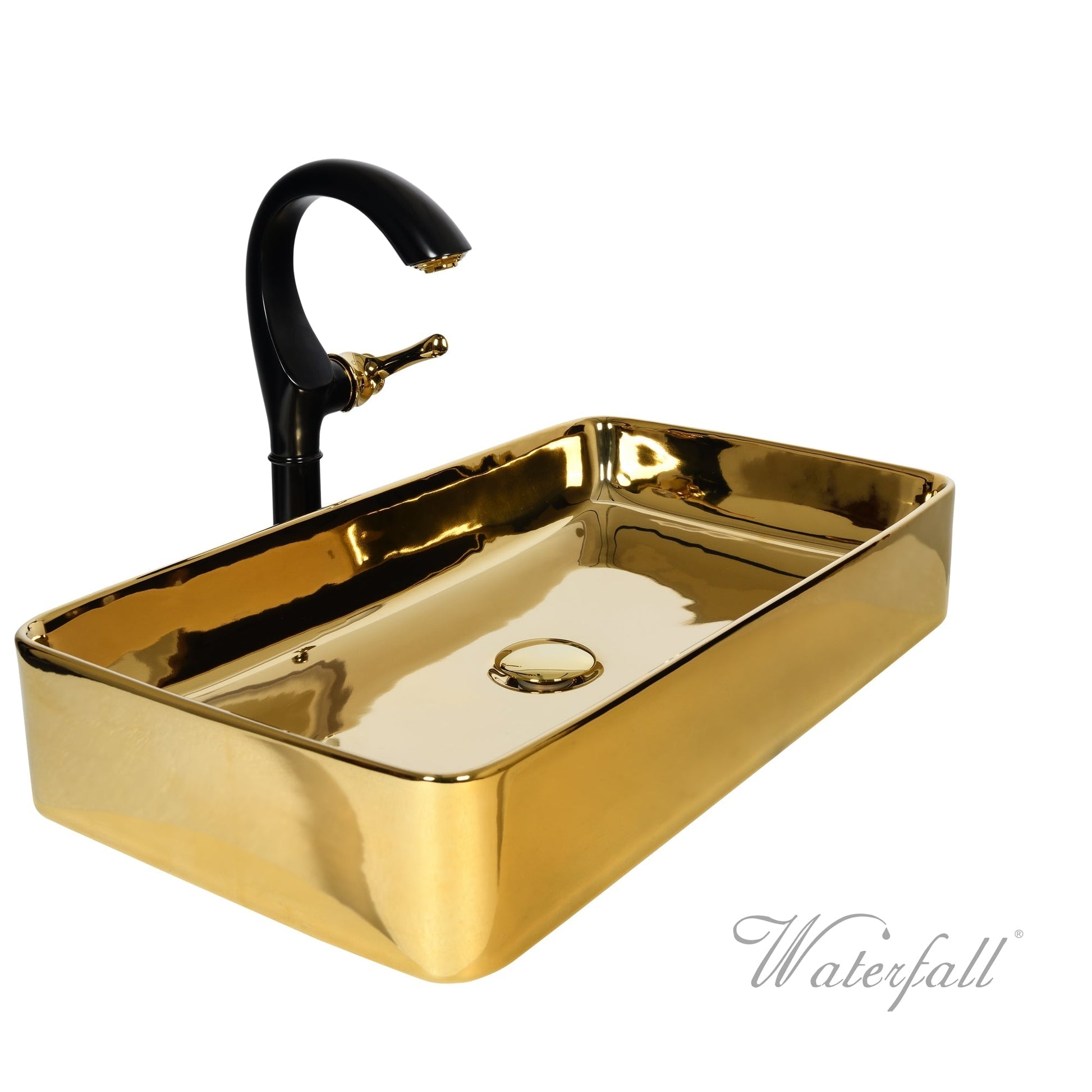 Luxusní set zlatého keramického umyvadla na desku a vysoké baterie Cairo v provedení leštěná mosaz Waterfall Bathrooms