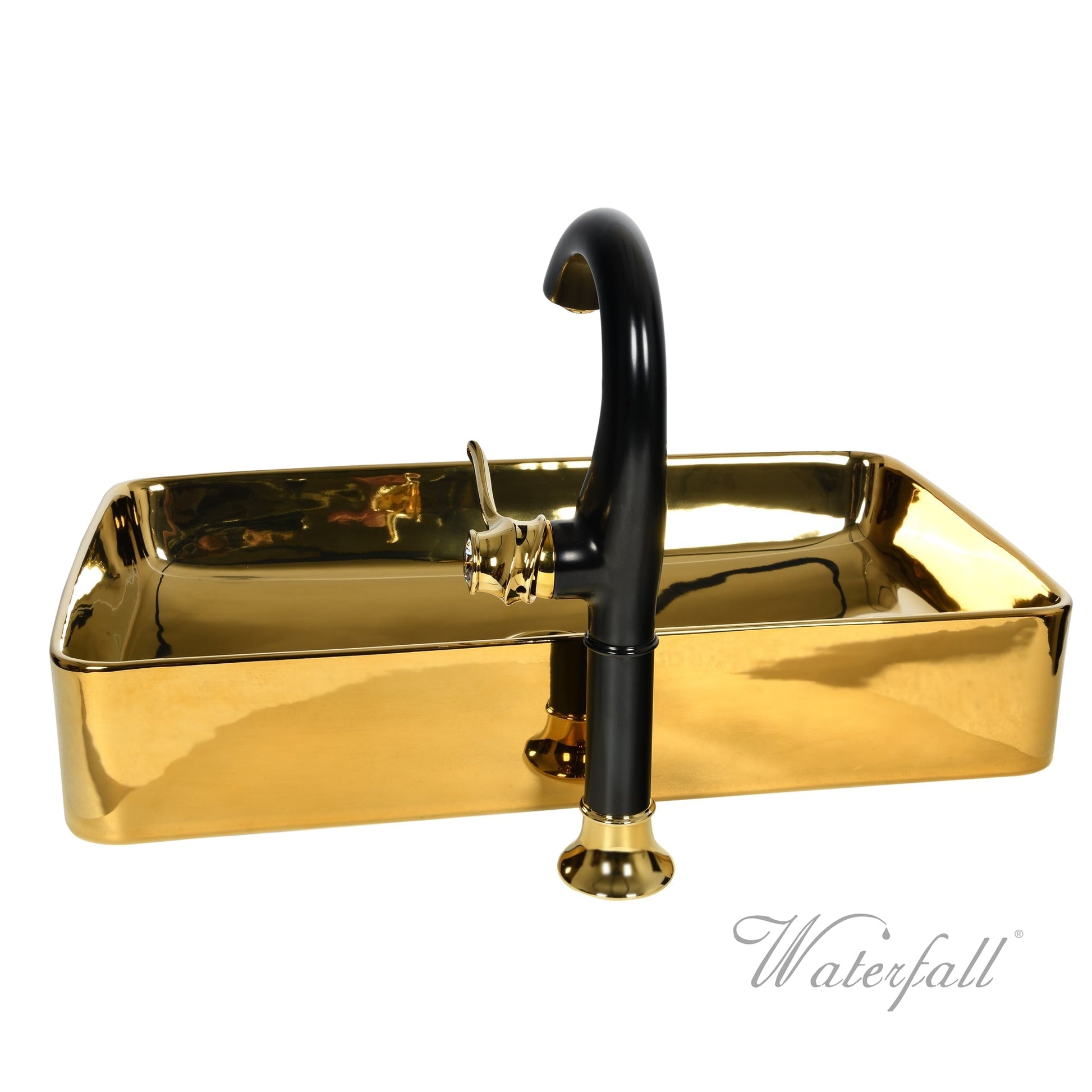 Luxusní set zlatého keramického umyvadla na desku a vysoké baterie Cairo v provedení leštěná mosaz Waterfall Bathrooms