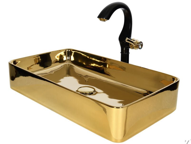 Luxusní set zlatého keramického umyvadla na desku a vysoké baterie Cairo v provedení leštěná mosaz Waterfall Bathrooms