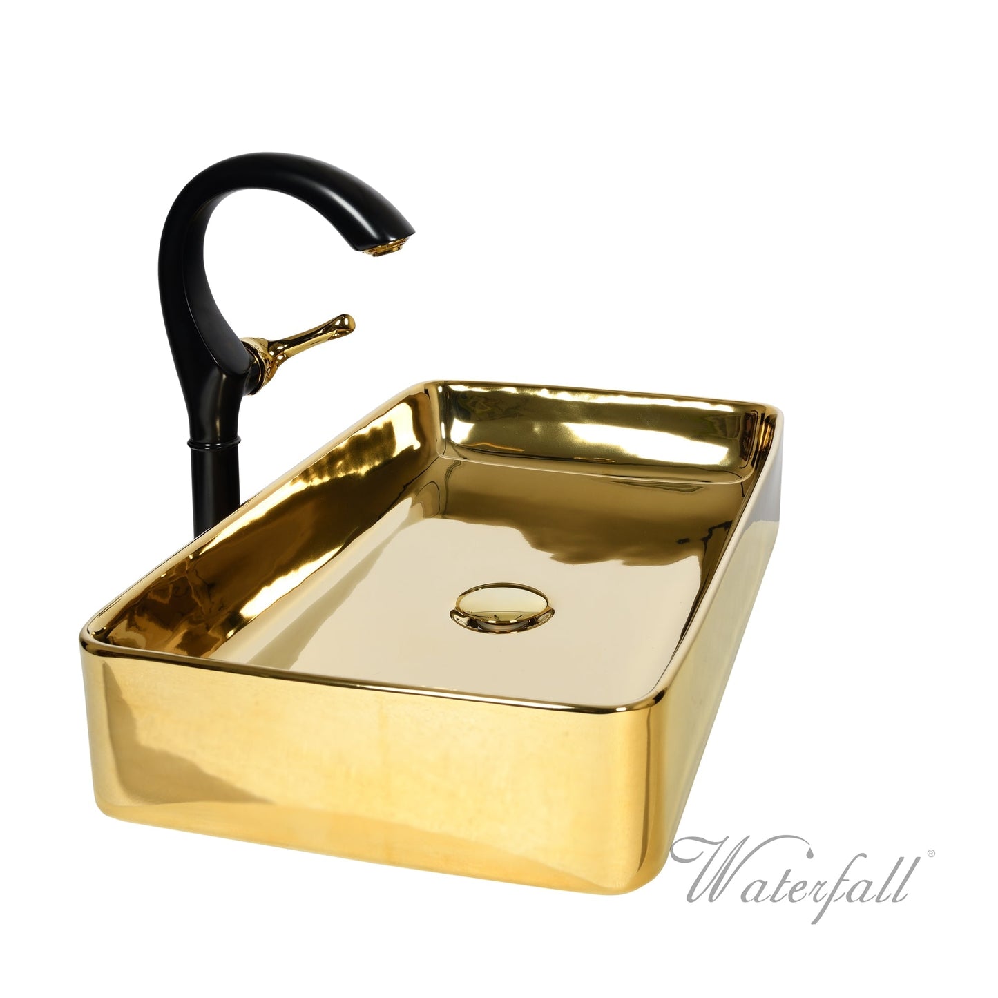 Luxusní set zlatého keramického umyvadla na desku a vysoké baterie Cairo v provedení leštěná mosaz Waterfall Bathrooms