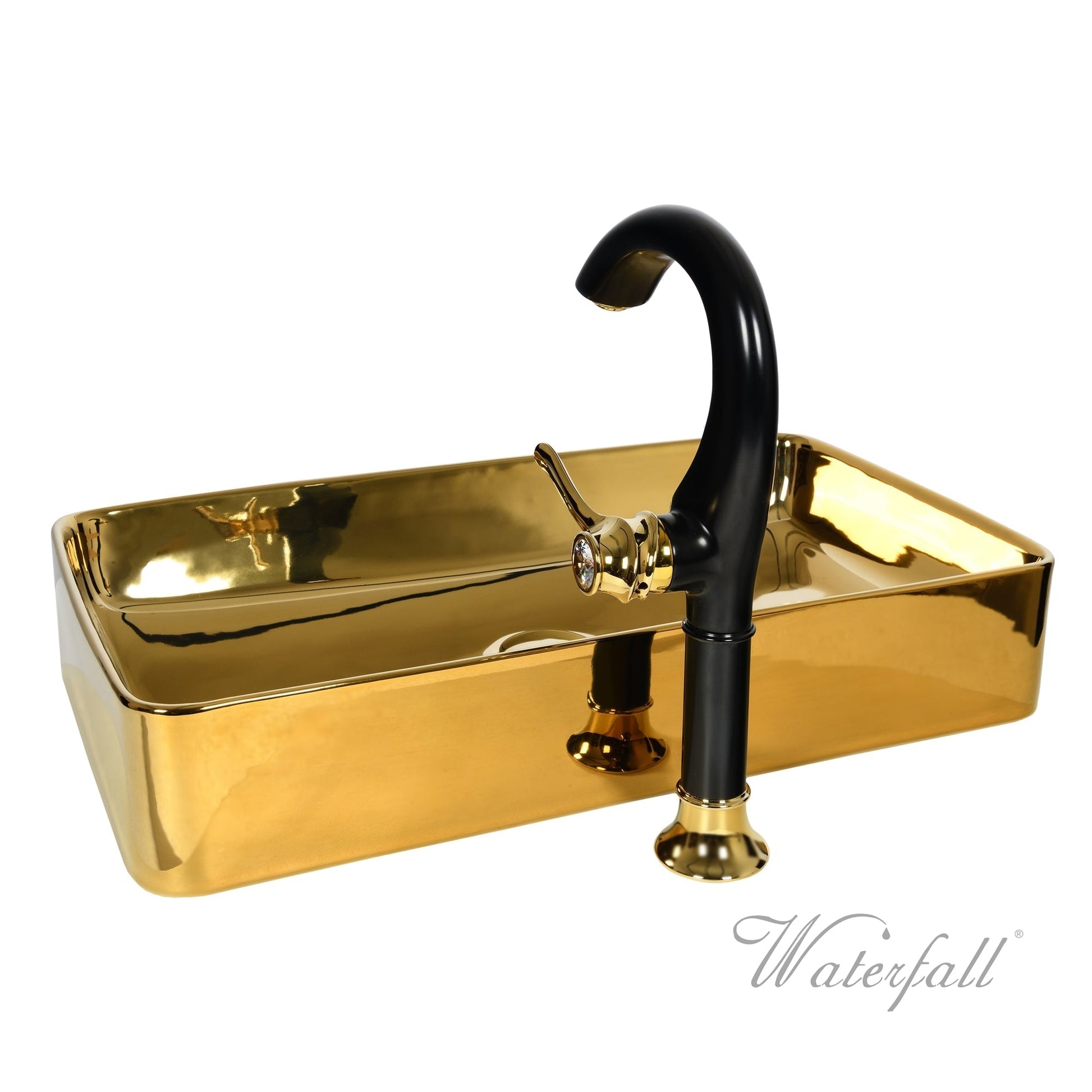 Luxusní set zlatého keramického umyvadla na desku a vysoké baterie Cairo v provedení leštěná mosaz Waterfall Bathrooms