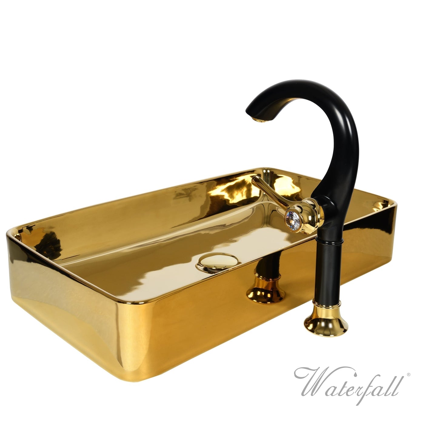Luxusní set zlatého keramického umyvadla na desku a vysoké baterie Cairo v provedení leštěná mosaz Waterfall Bathrooms