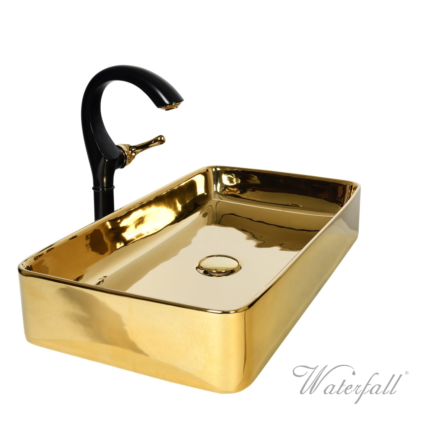 Luxusní set zlatého keramického umyvadla na desku a vysoké baterie Cairo v provedení leštěná mosaz Waterfall Bathrooms