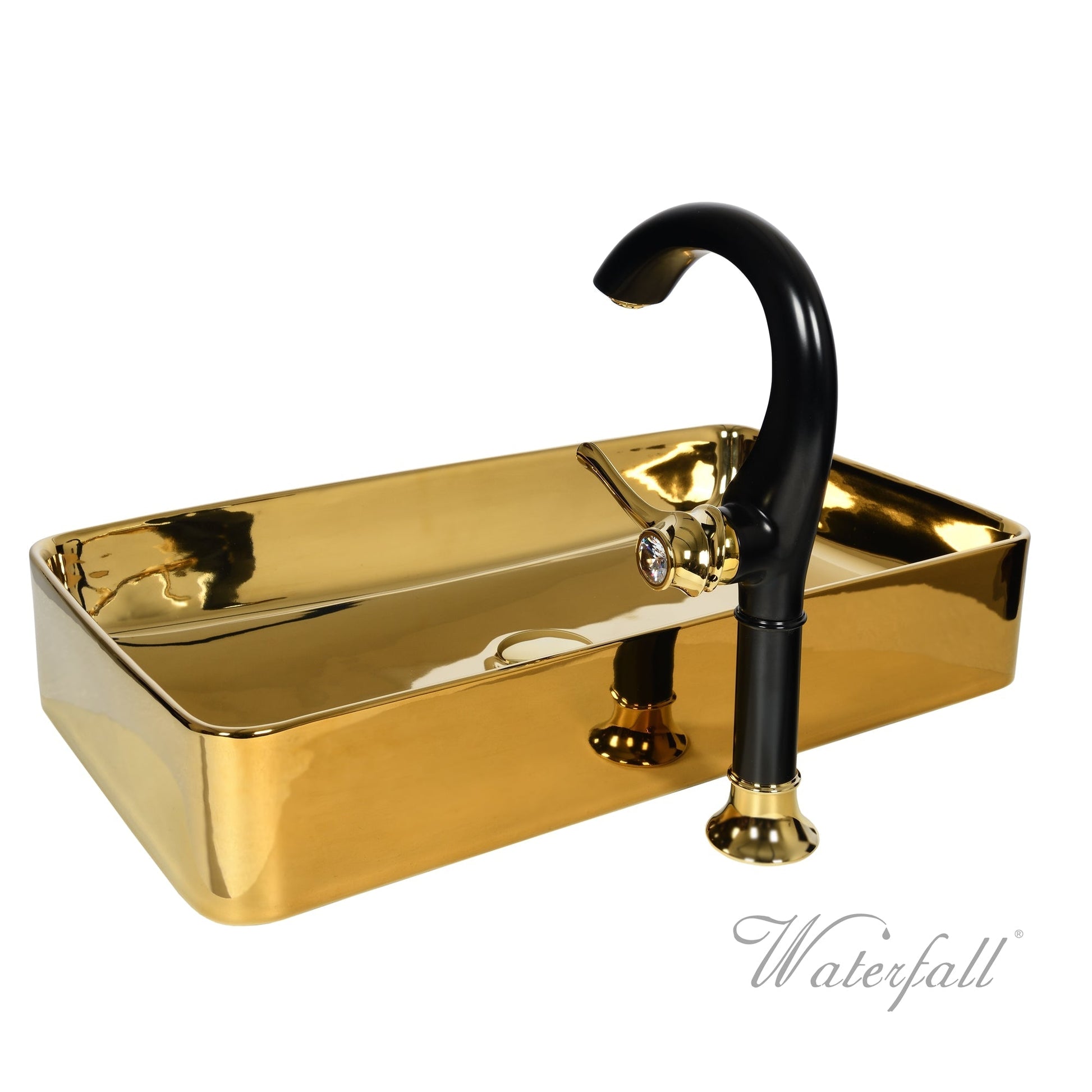 Luxusní set zlatého keramického umyvadla na desku a vysoké baterie Cairo v provedení leštěná mosaz Waterfall Bathrooms