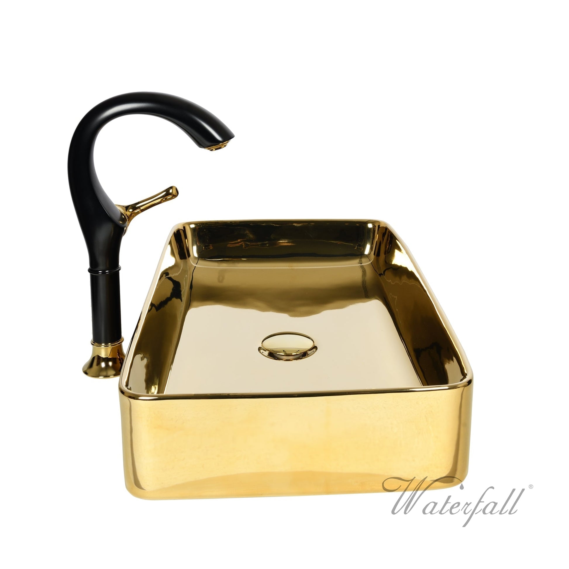 Luxusní set zlatého keramického umyvadla na desku a vysoké baterie Cairo v provedení leštěná mosaz Waterfall Bathrooms