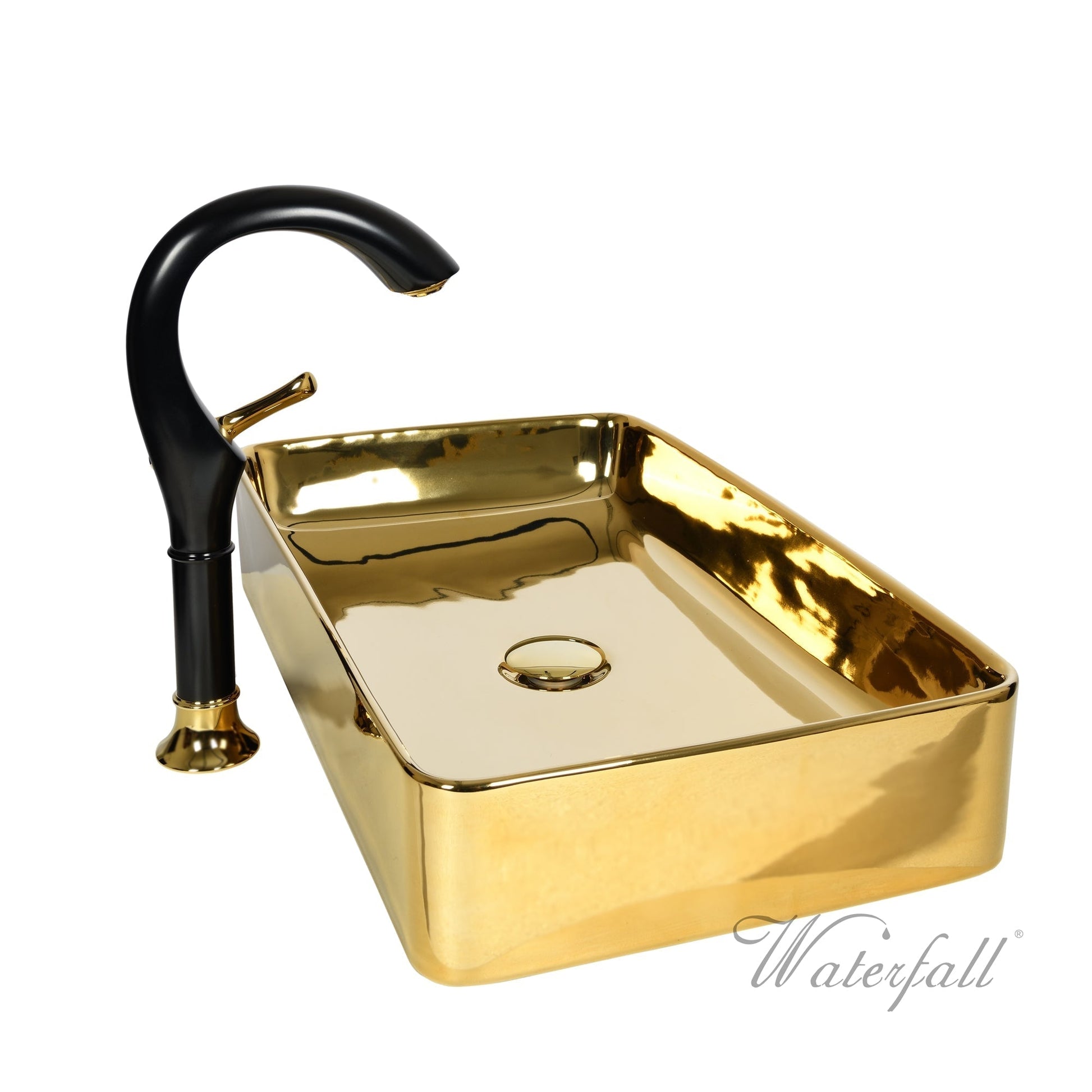 Luxusní set zlatého keramického umyvadla na desku a vysoké baterie Cairo v provedení leštěná mosaz Waterfall Bathrooms