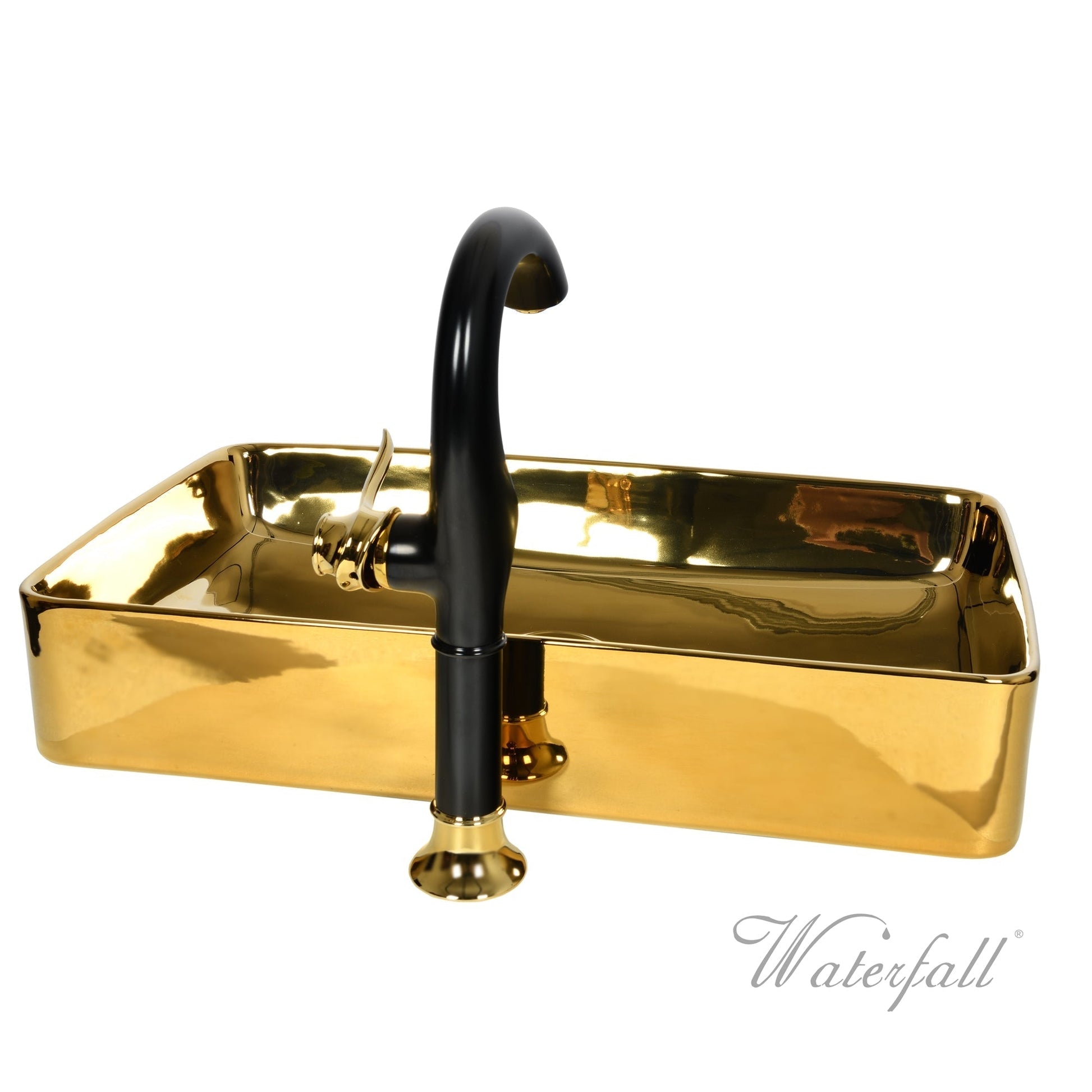 Luxusní set zlatého keramického umyvadla na desku a vysoké baterie Cairo v provedení leštěná mosaz Waterfall Bathrooms