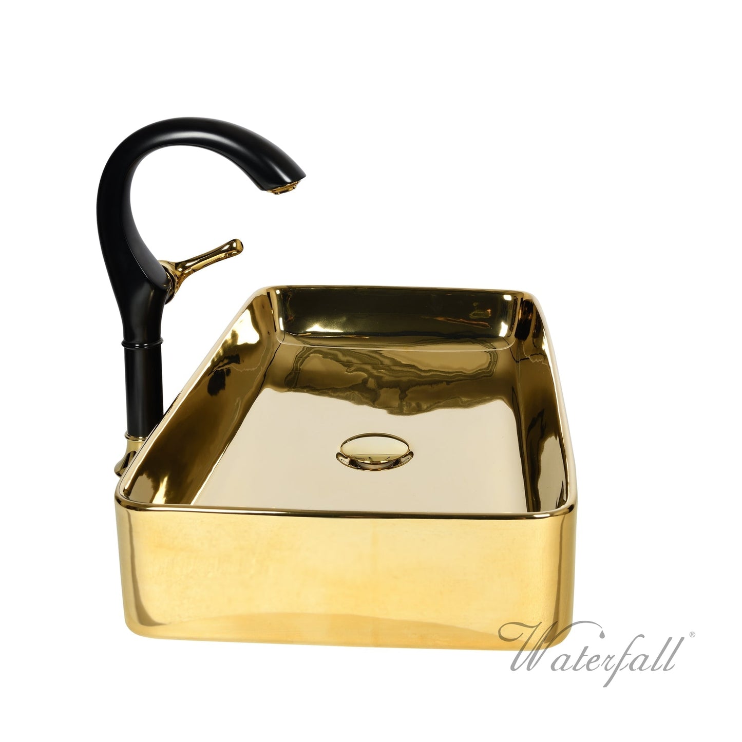 Luxusní set zlatého keramického umyvadla na desku a vysoké baterie Cairo v provedení leštěná mosaz Waterfall Bathrooms