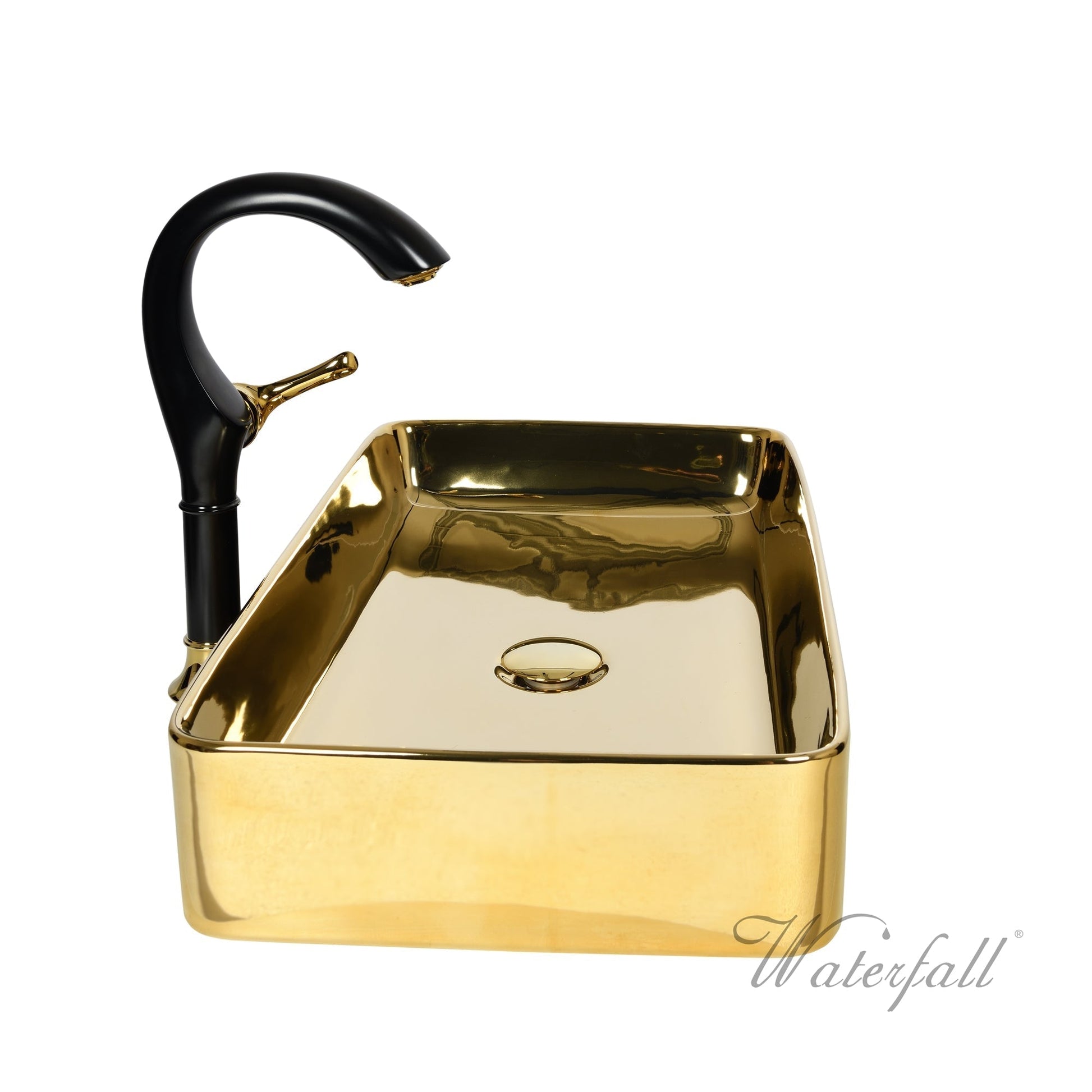 Luxusní set zlatého keramického umyvadla na desku a vysoké baterie Cairo v provedení leštěná mosaz Waterfall Bathrooms