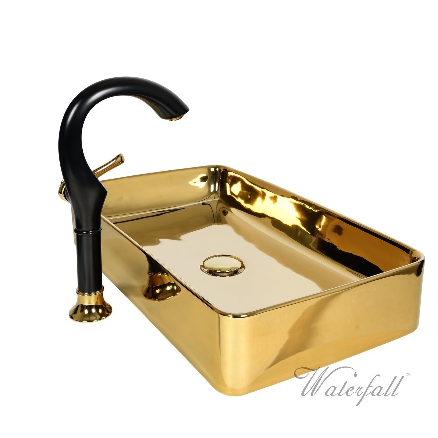 Luxusní set zlatého keramického umyvadla na desku a vysoké baterie Cairo v provedení leštěná mosaz Waterfall Bathrooms