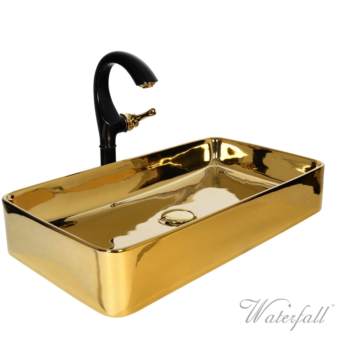Luxusní set zlatého keramického umyvadla na desku a vysoké baterie Cairo v provedení leštěná mosaz Waterfall Bathrooms