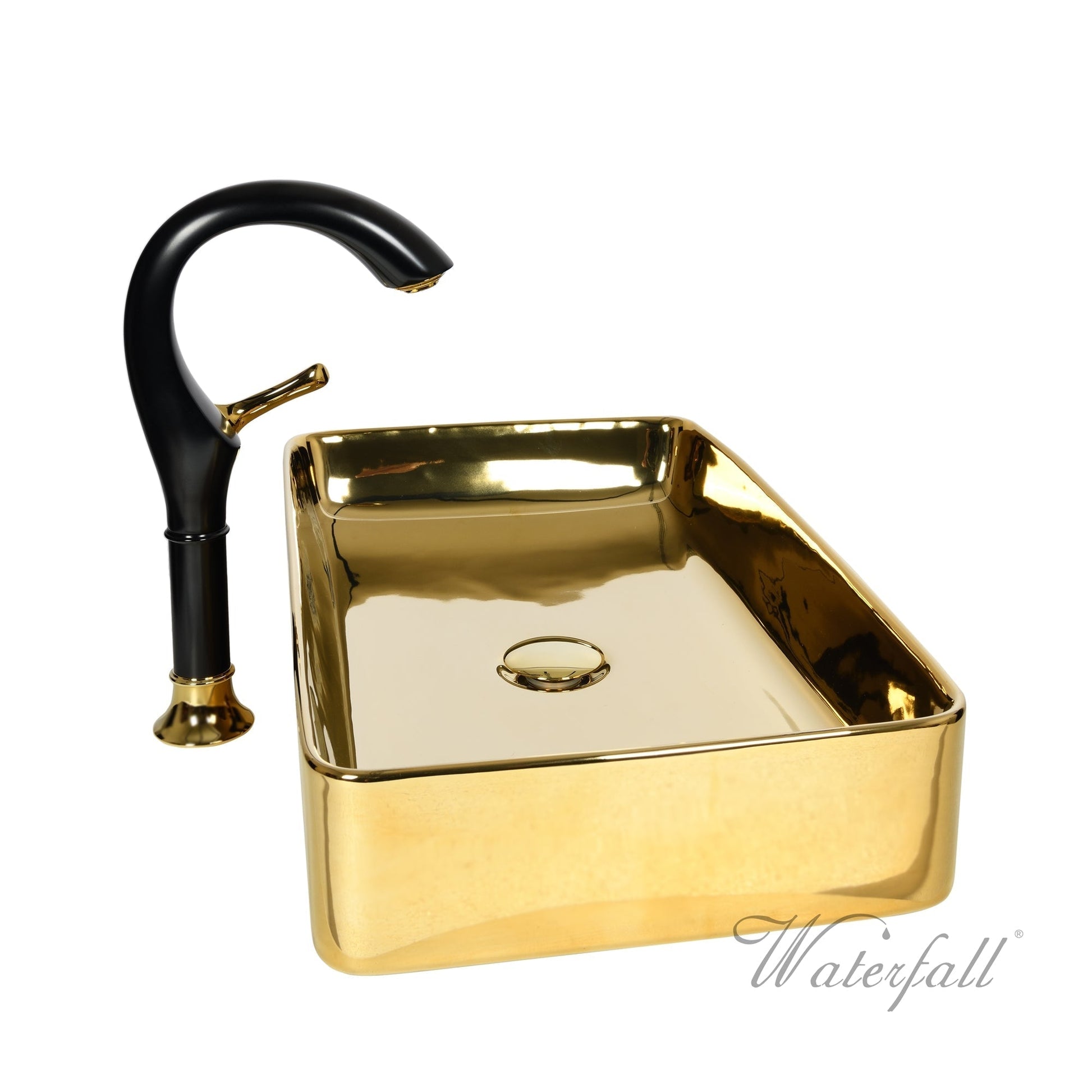 Luxusní set zlatého keramického umyvadla na desku a vysoké baterie Cairo v provedení leštěná mosaz Waterfall Bathrooms