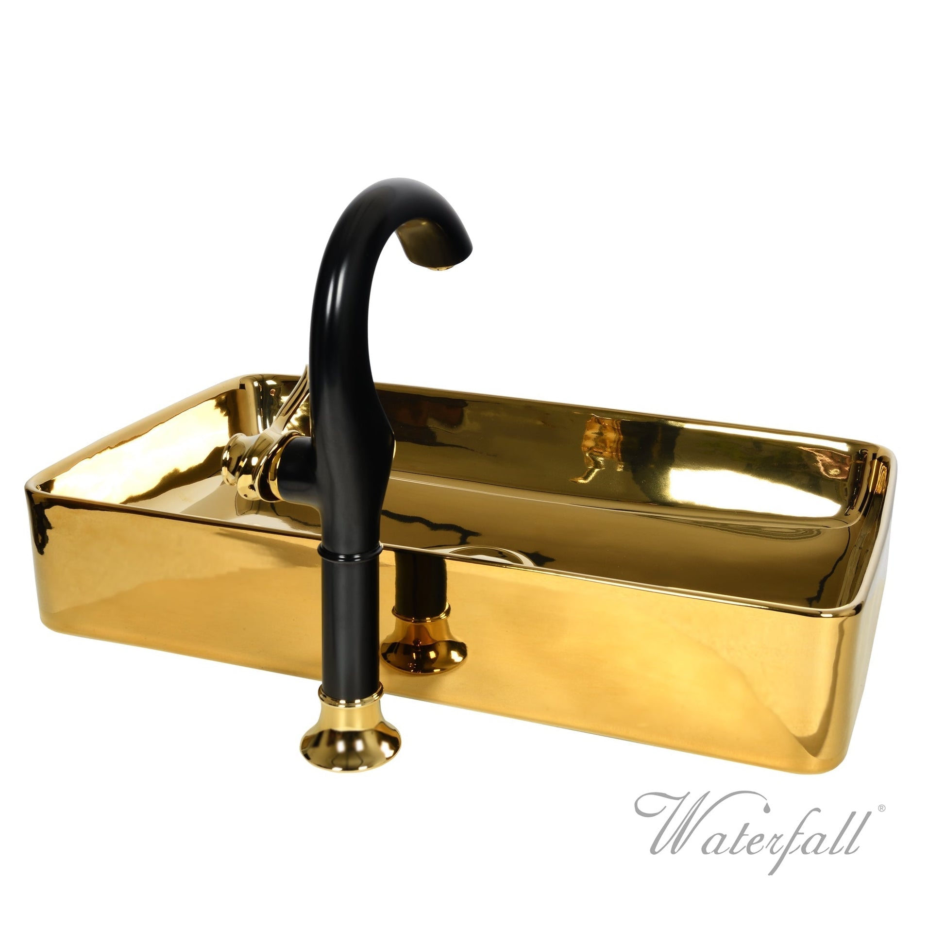 Luxusní set zlatého keramického umyvadla na desku a vysoké baterie Cairo v provedení leštěná mosaz Waterfall Bathrooms